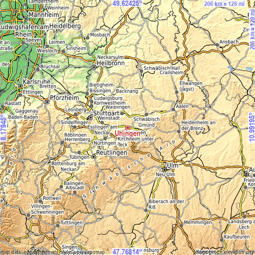 Topographic map of Uhingen