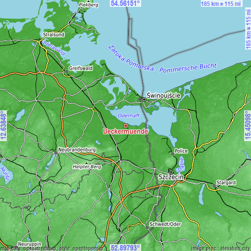 Topographic map of Ueckermünde