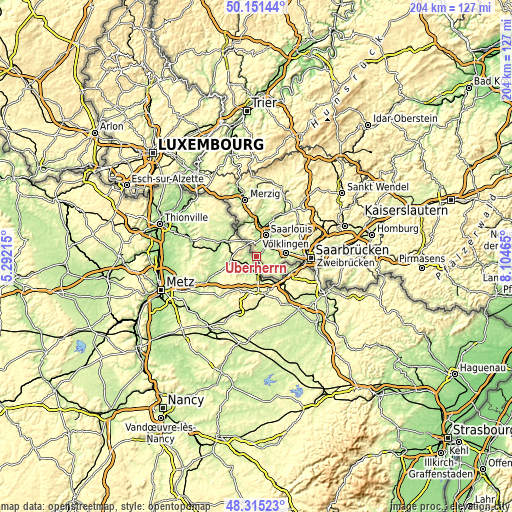 Topographic map of Überherrn
