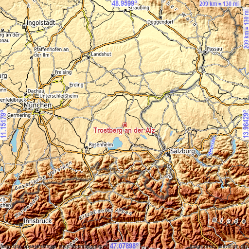 Topographic map of Trostberg an der Alz