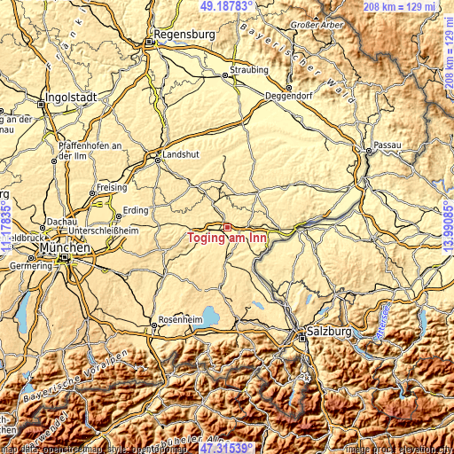 Topographic map of Töging am Inn