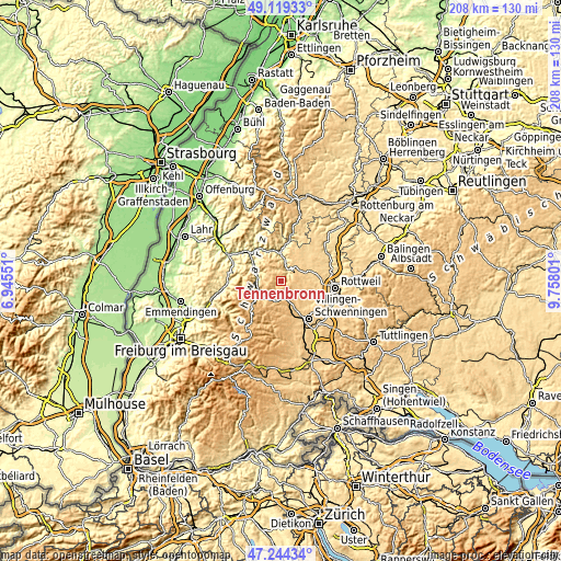 Topographic map of Tennenbronn