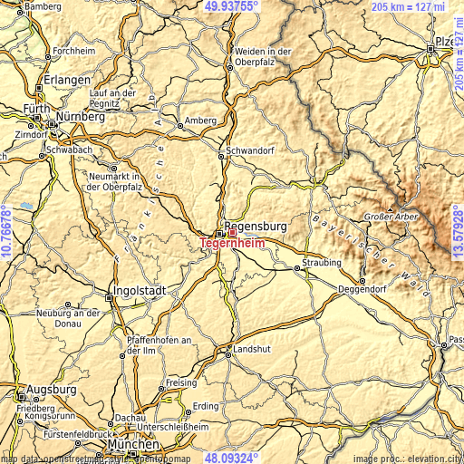 Topographic map of Tegernheim
