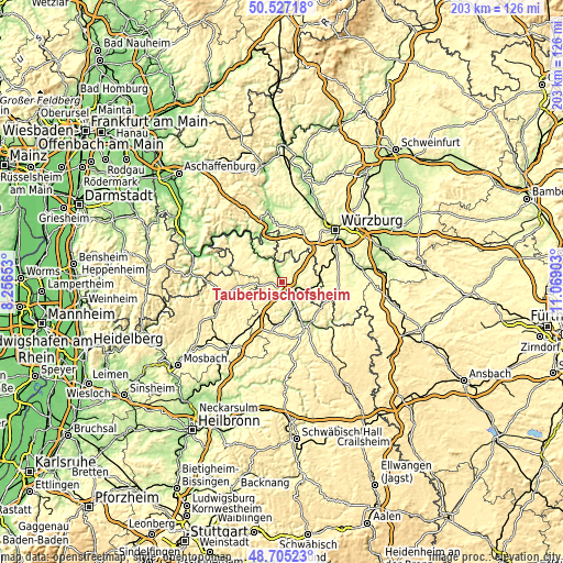 Topographic map of Tauberbischofsheim