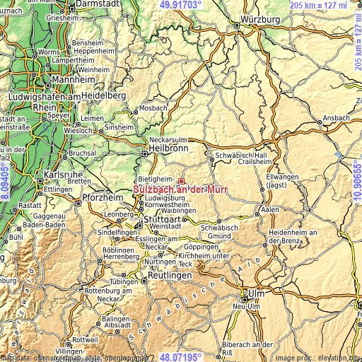 Topographic map of Sulzbach an der Murr