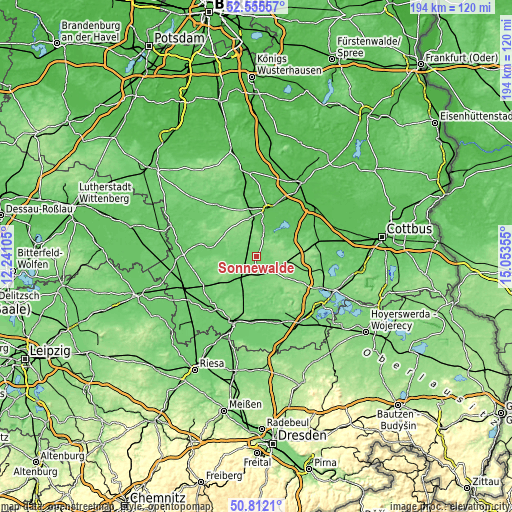 Topographic map of Sonnewalde