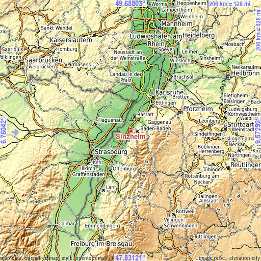 Topographic map of Sinzheim