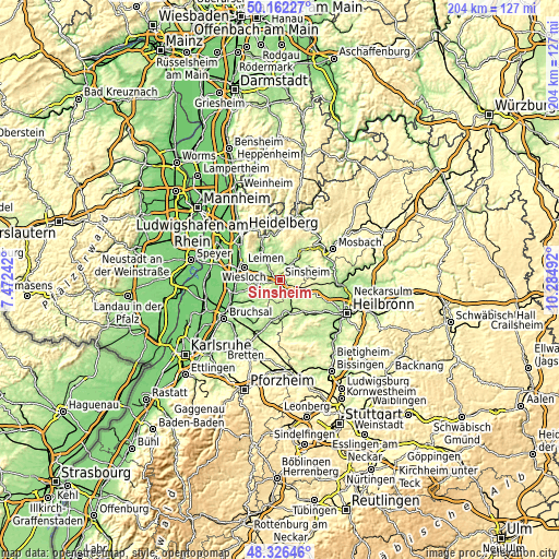 Topographic map of Sinsheim