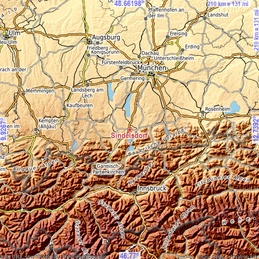 Topographic map of Sindelsdorf