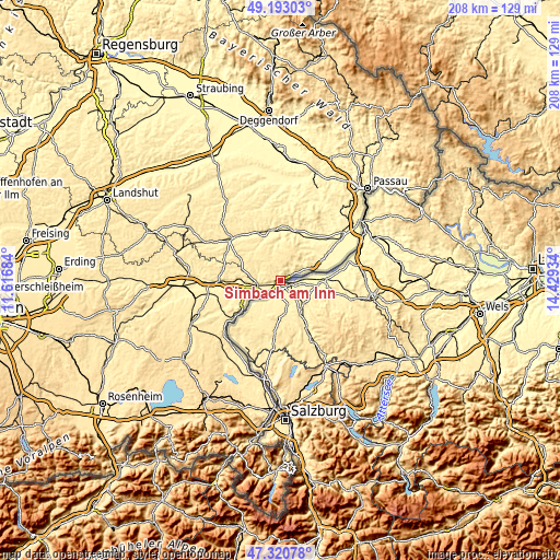 Topographic map of Simbach am Inn