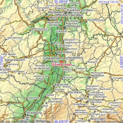 Topographic map of Schwetzingen