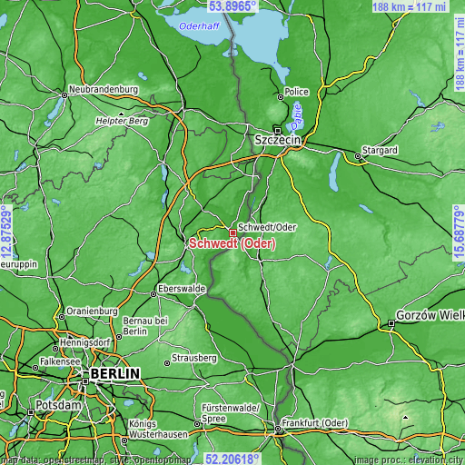 Topographic map of Schwedt (Oder)