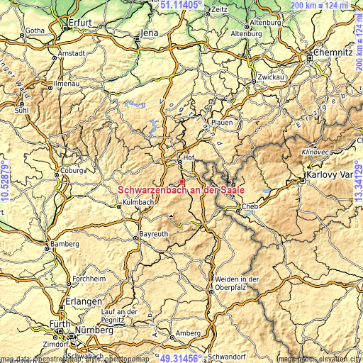 Topographic map of Schwarzenbach an der Saale