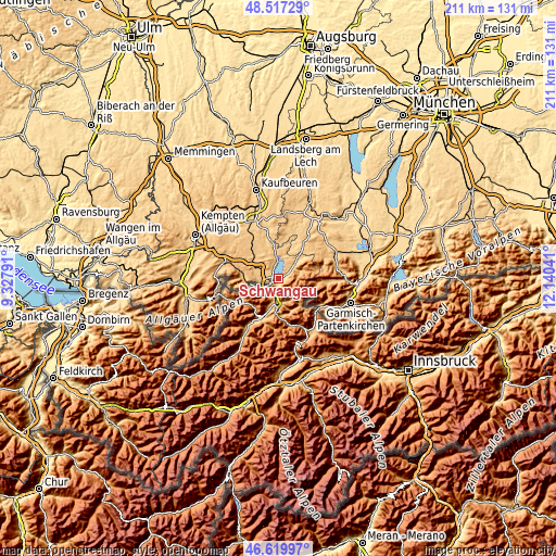 Topographic map of Schwangau