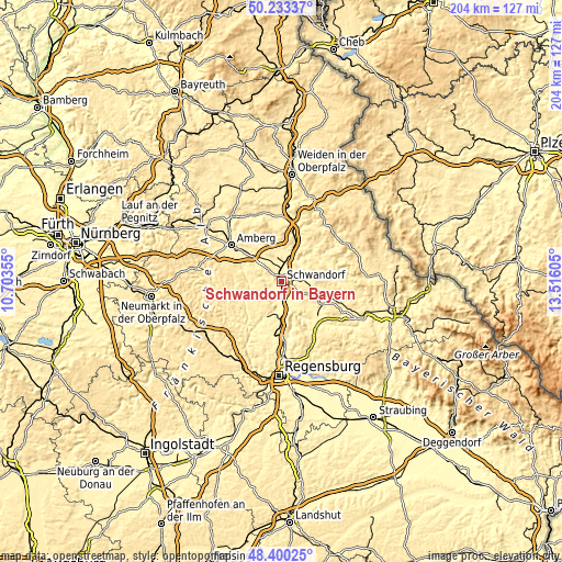 Topographic map of Schwandorf in Bayern