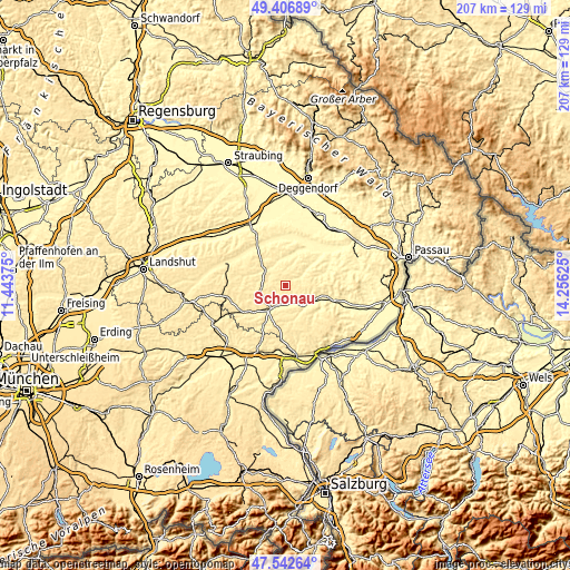 Topographic map of Schönau