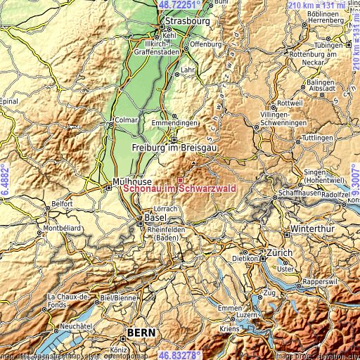 Topographic map of Schönau im Schwarzwald