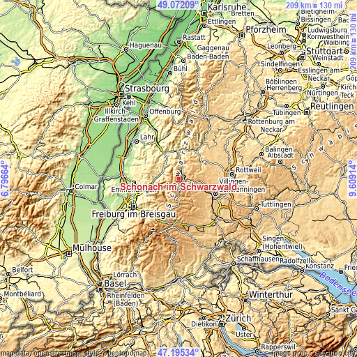 Topographic map of Schonach im Schwarzwald