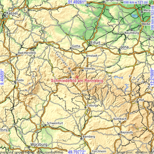 Topographic map of Schmiedefeld am Rennsteig