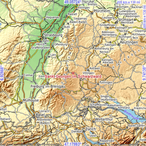 Topographic map of Sankt Georgen im Schwarzwald