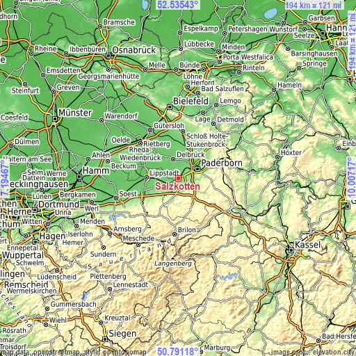 Topographic map of Salzkotten