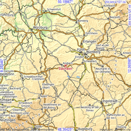 Topographic map of Sachsen