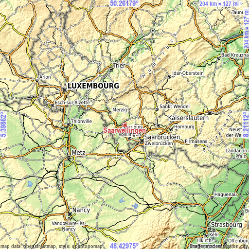 Topographic map of Saarwellingen