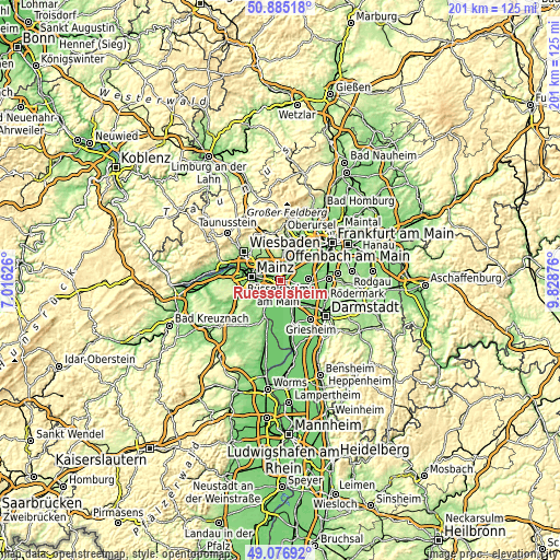 Topographic map of Rüsselsheim