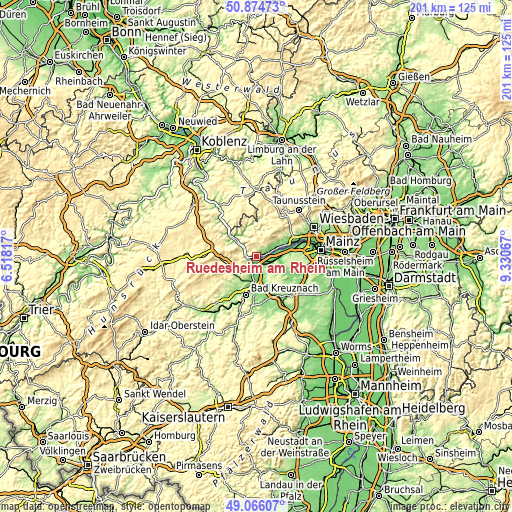 Topographic map of Rüdesheim am Rhein