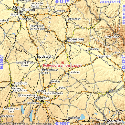 Topographic map of Rottenburg an der Laaber