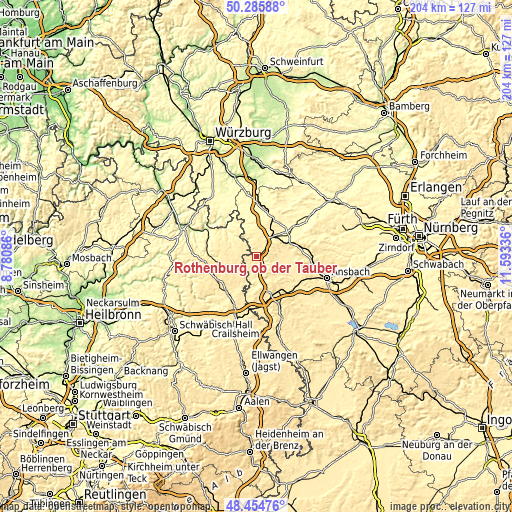 Topographic map of Rothenburg ob der Tauber