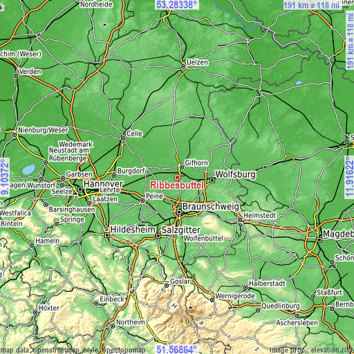 Topographic map of Ribbesbüttel