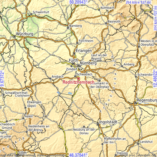 Topographic map of Rednitzhembach