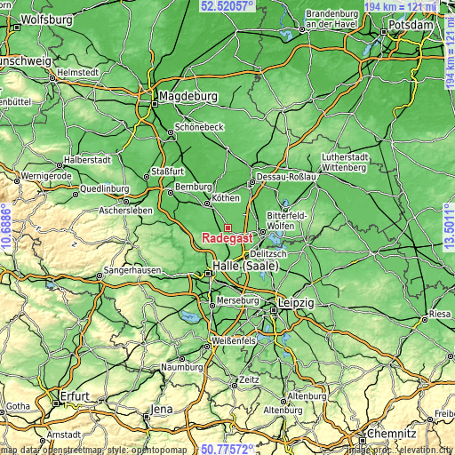 Topographic map of Radegast