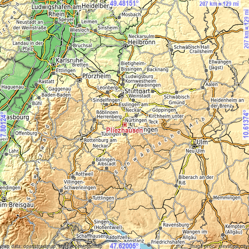 Topographic map of Pliezhausen