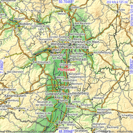 Topographic map of Pfungstadt