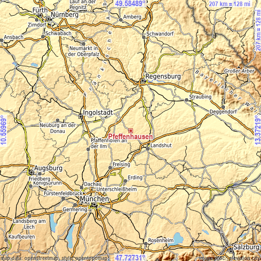 Topographic map of Pfeffenhausen