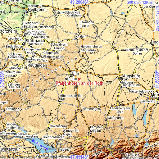 Topographic map of Pfaffenhofen an der Roth
