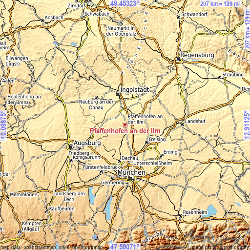 Topographic map of Pfaffenhofen an der Ilm