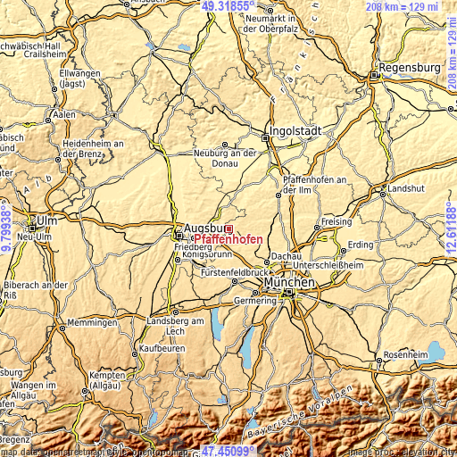 Topographic map of Pfaffenhofen