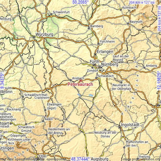 Topographic map of Petersaurach