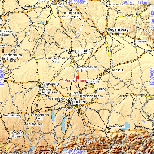 Topographic map of Paunzhausen