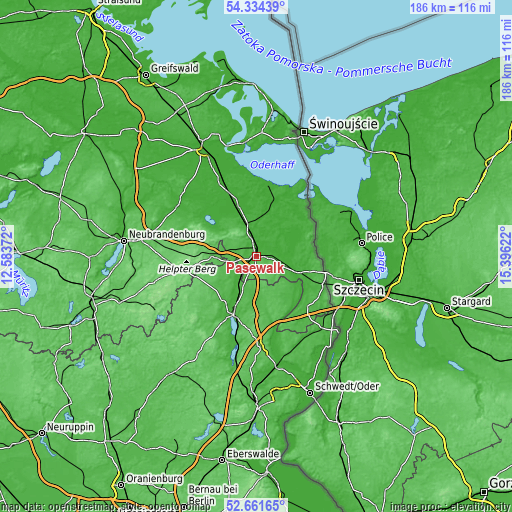 Topographic map of Pasewalk