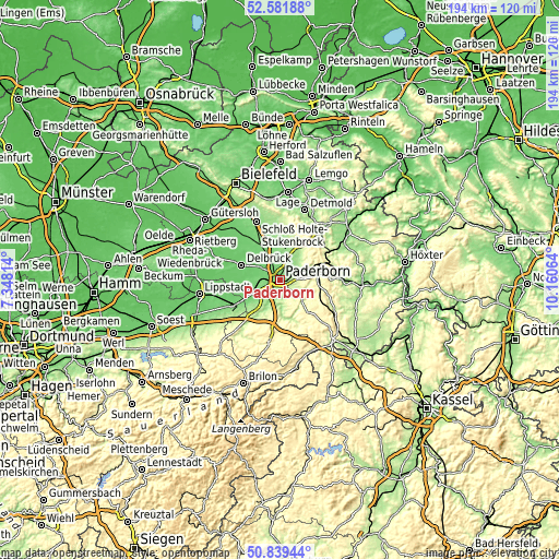 Topographic map of Paderborn