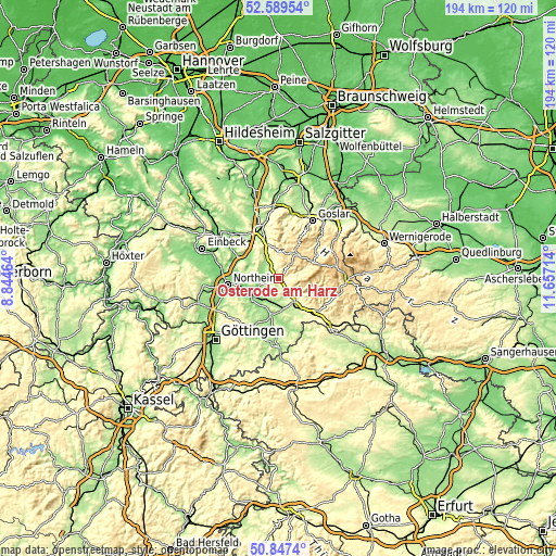 Topographic map of Osterode am Harz