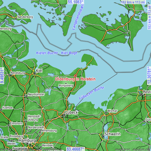 Topographic map of Oldenburg in Holstein