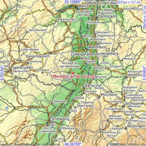 Topographic map of Offenbach an der Queich