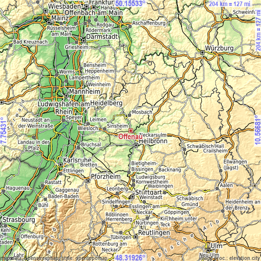 Topographic map of Offenau