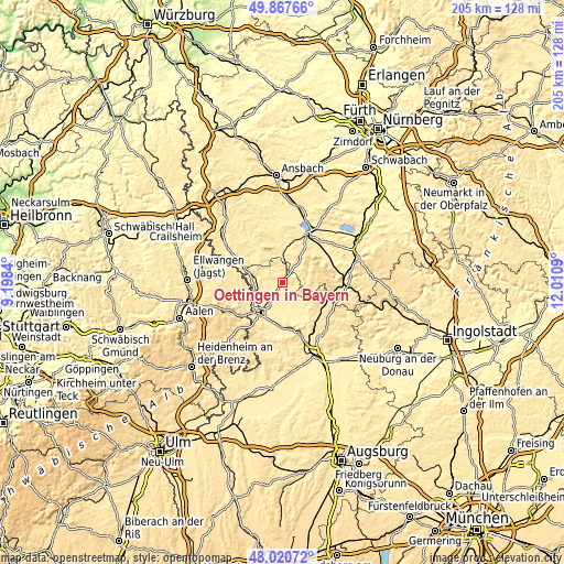 Topographic map of Oettingen in Bayern