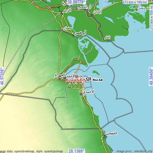 Topographic map of Kuwait City